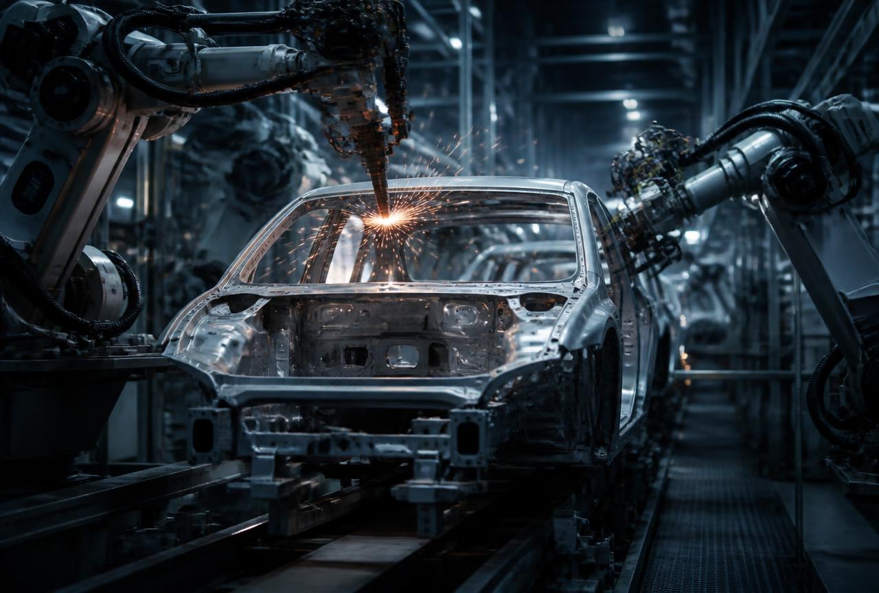 Robotic welding line assembling a vehicle body in an automotive plant