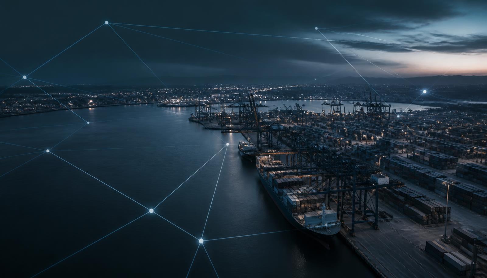 Container port at dusk with an overlaid network of supply chain connections